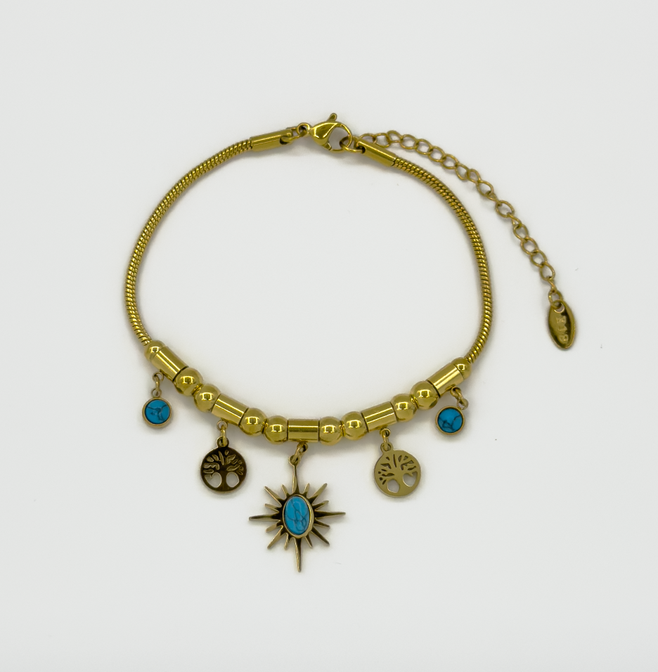 62050 Fijne Roestvrijstalen Armband Met Bohemian Turquoise Hangers | Gold