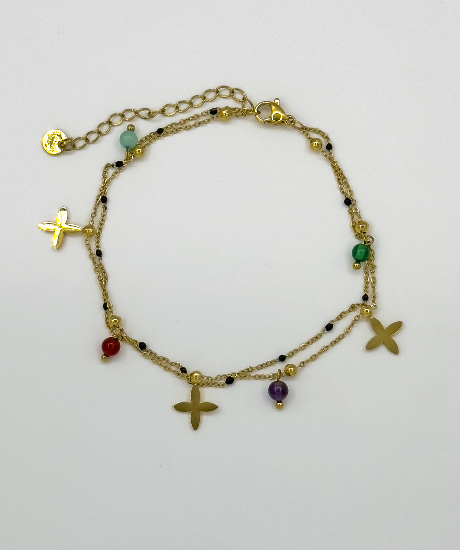 62051 Fijne Roestvrijstalen Dubbele Ketting Met Bloemvormige Hangerskwartssteentjes | Gold