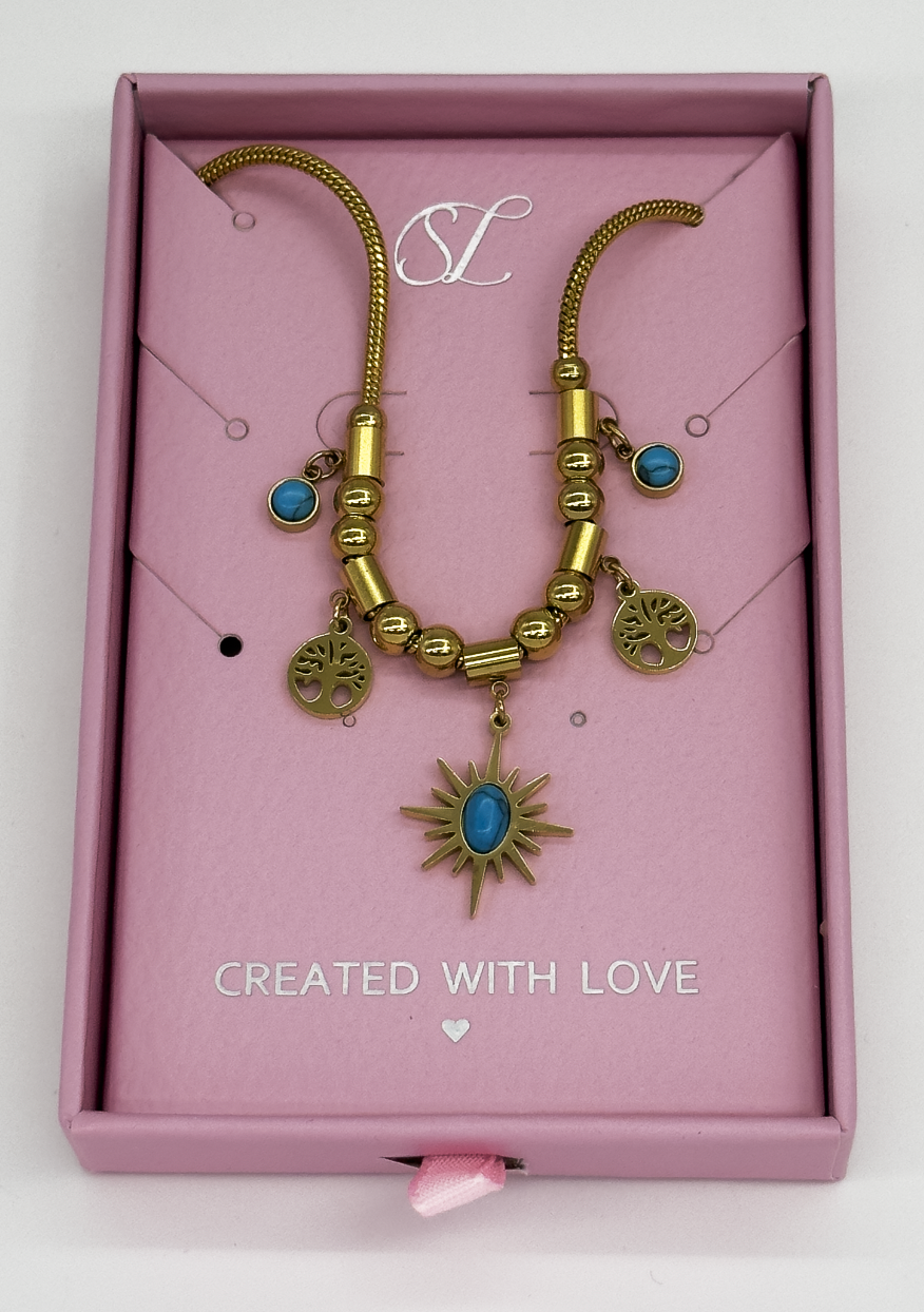 64043 Fijne Roestvrijstalen Ketting Met Bohemian Turquoise Hangers | Gold