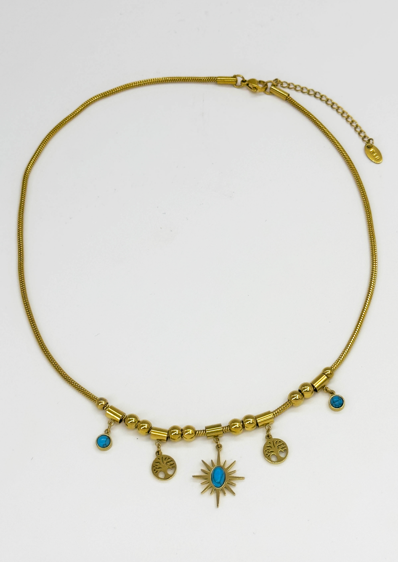 64043 Fijne Roestvrijstalen Ketting Met Bohemian Turquoise Hangers | Gold