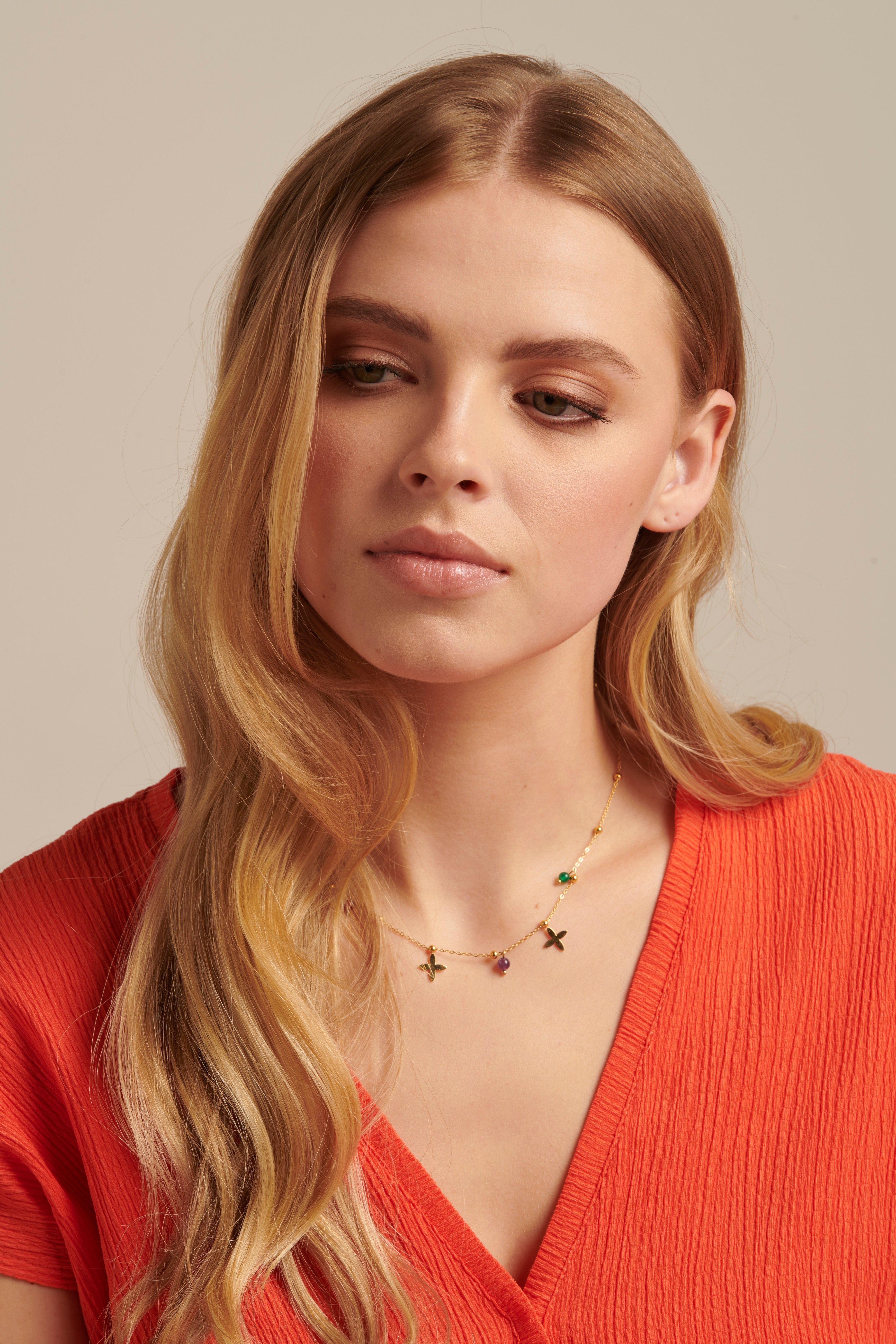 64051 Fijne Roestvrijstalen Ketting Met Bloemvormige Hangerskwartsstenen | Gold