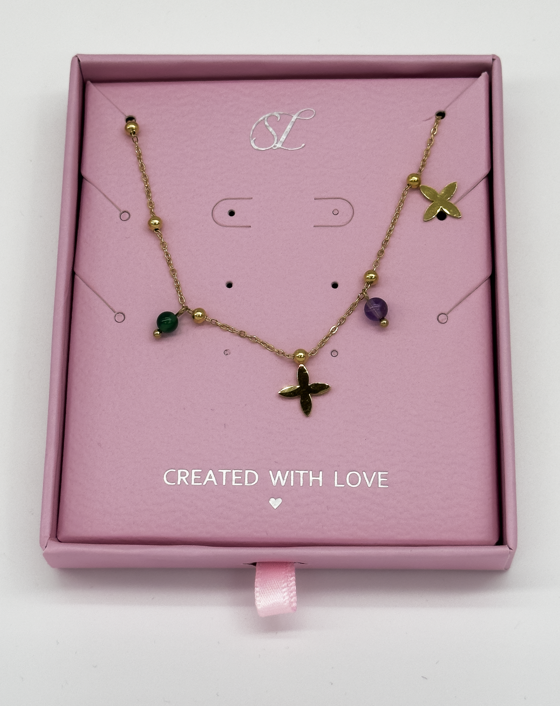 64051 Fijne Roestvrijstalen Ketting Met Bloemvormige Hangerskwartsstenen | Gold