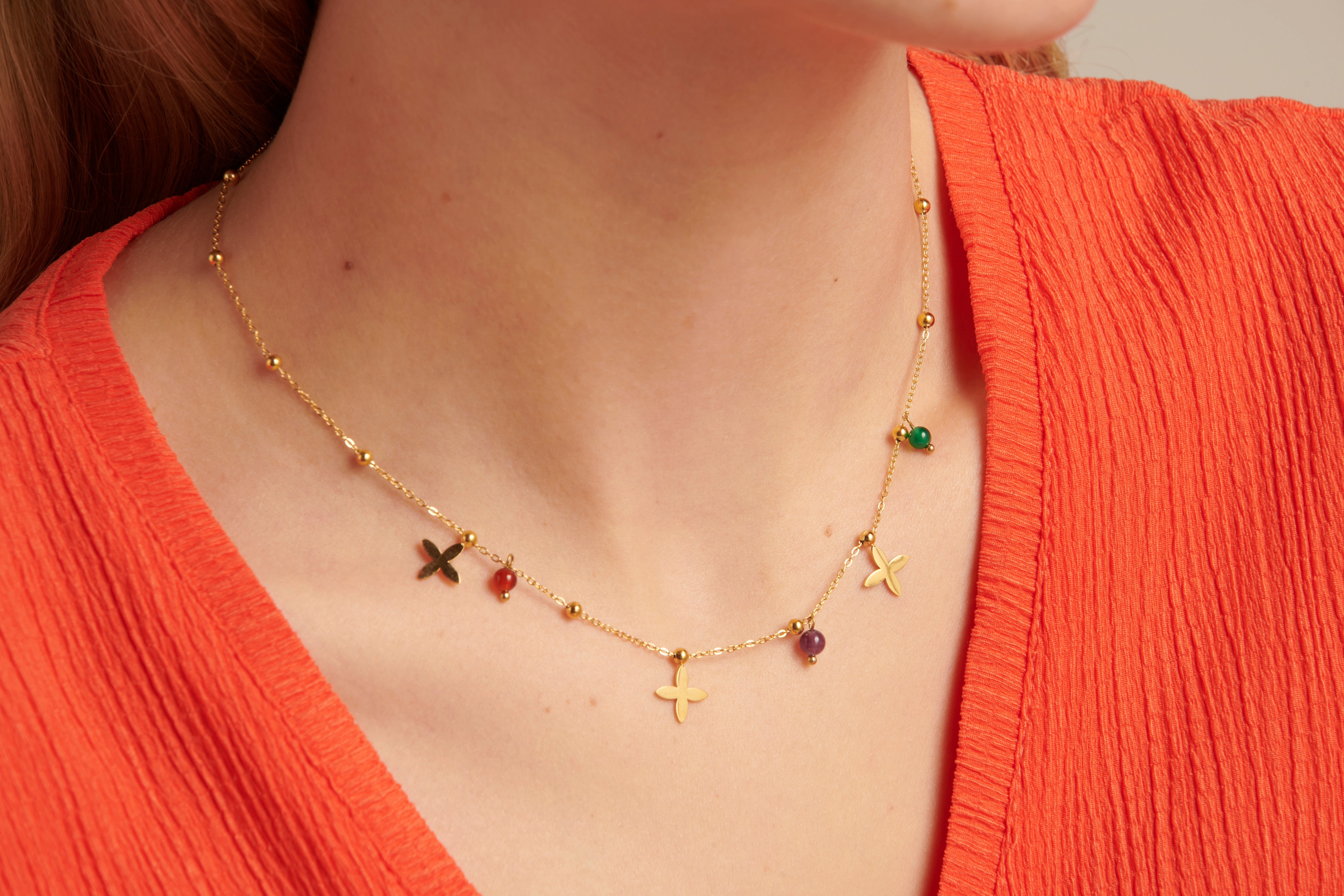 64051 Fijne Roestvrijstalen Ketting Met Bloemvormige Hangerskwartsstenen | Gold