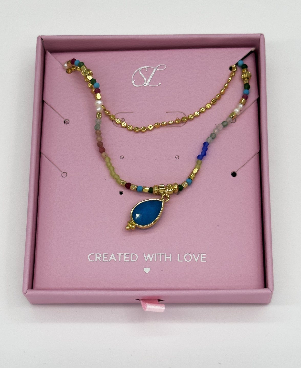 64054 Dubbellaags Steen Kralen Ketting Met Grote Kwarts Hanger | Muticolour