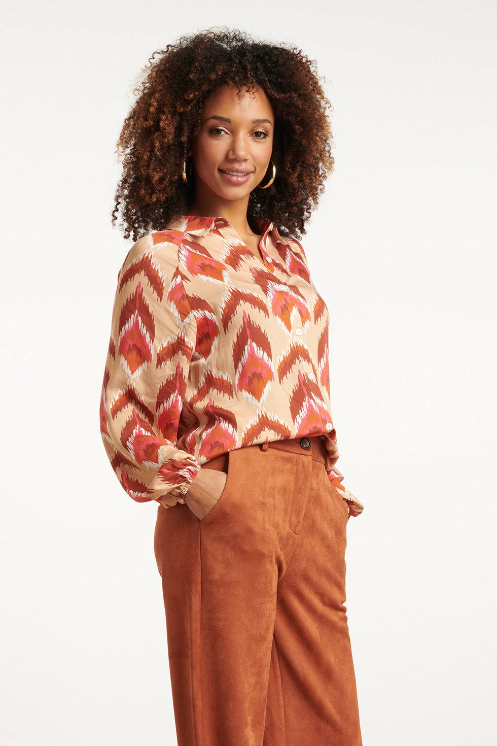 Aztec Print Blouse In Warmroze En Camel | Camel-Multicolour