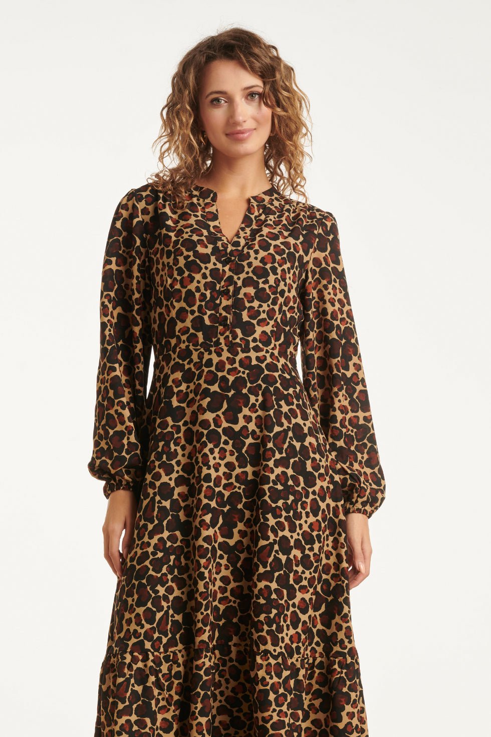 Chiffon Dierenprint Jurk Met Pofmouwen En V-Hals In Camel En Bruin | Camel - Brown