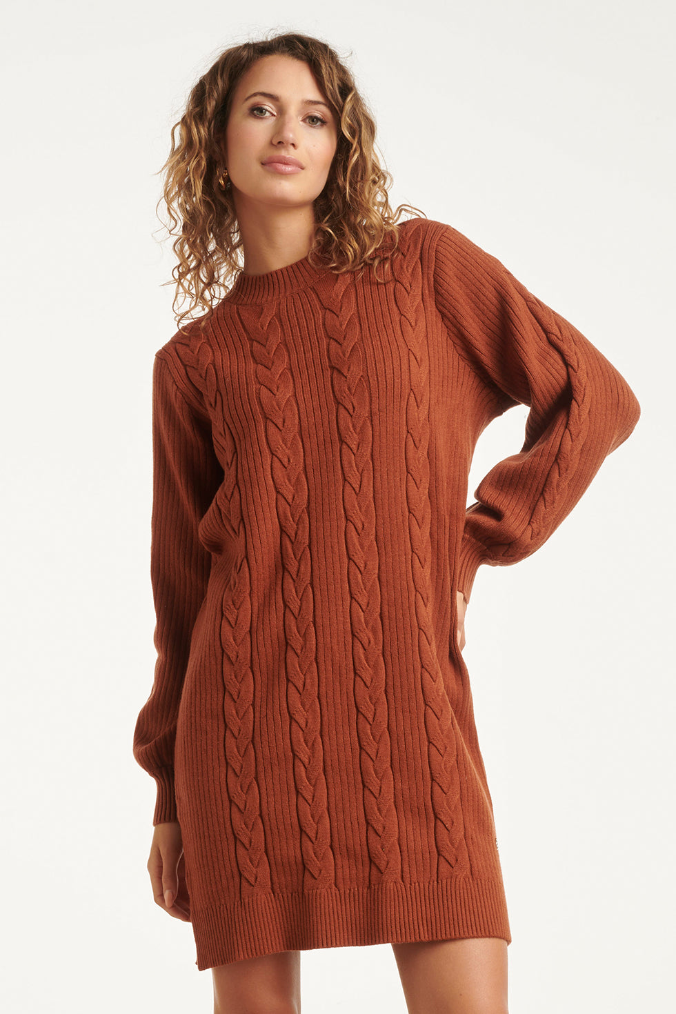 Damesgestructureerd Gebreide Jurk | Cognac