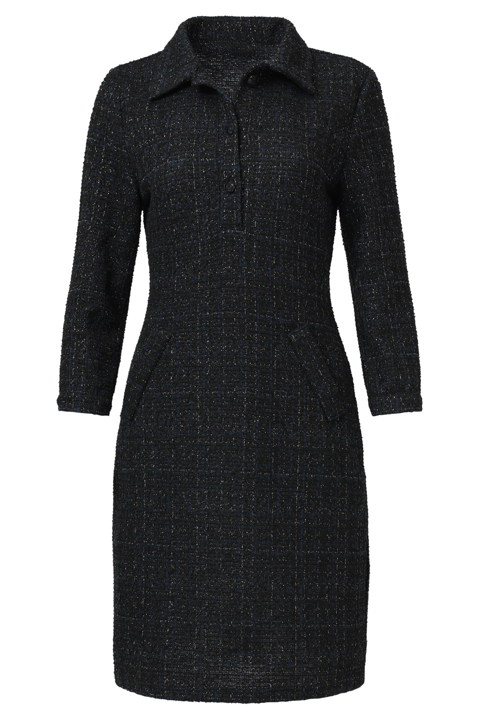Geweven Ruittextuur Getailleerde Navy Jurk | Navy
