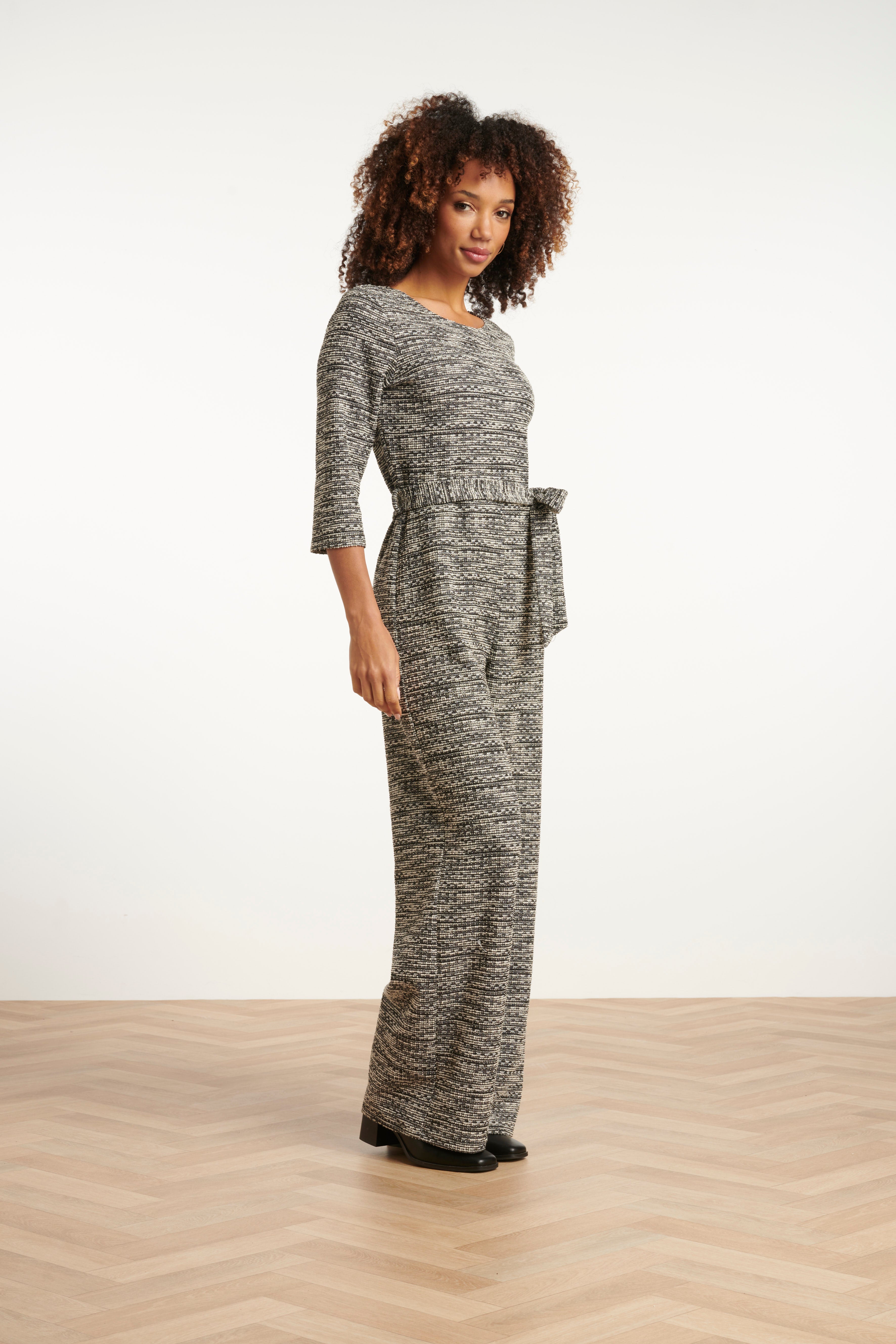 Jumpsuit met Wijde Pijpen en Tweedlook Stof Zwart en Wit | black-white