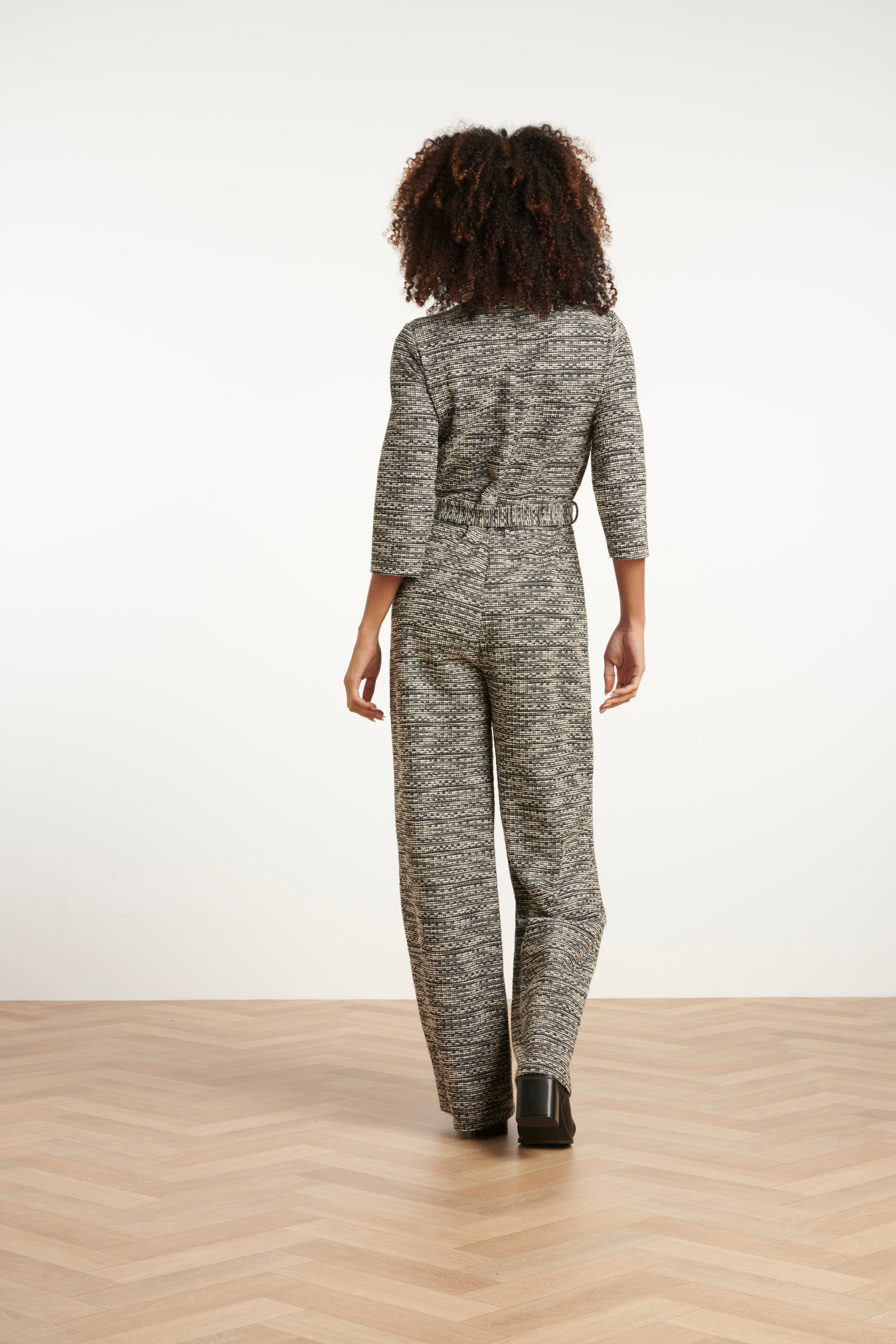 Jumpsuit met Wijde Pijpen en Tweedlook Stof Zwart en Wit | black-white