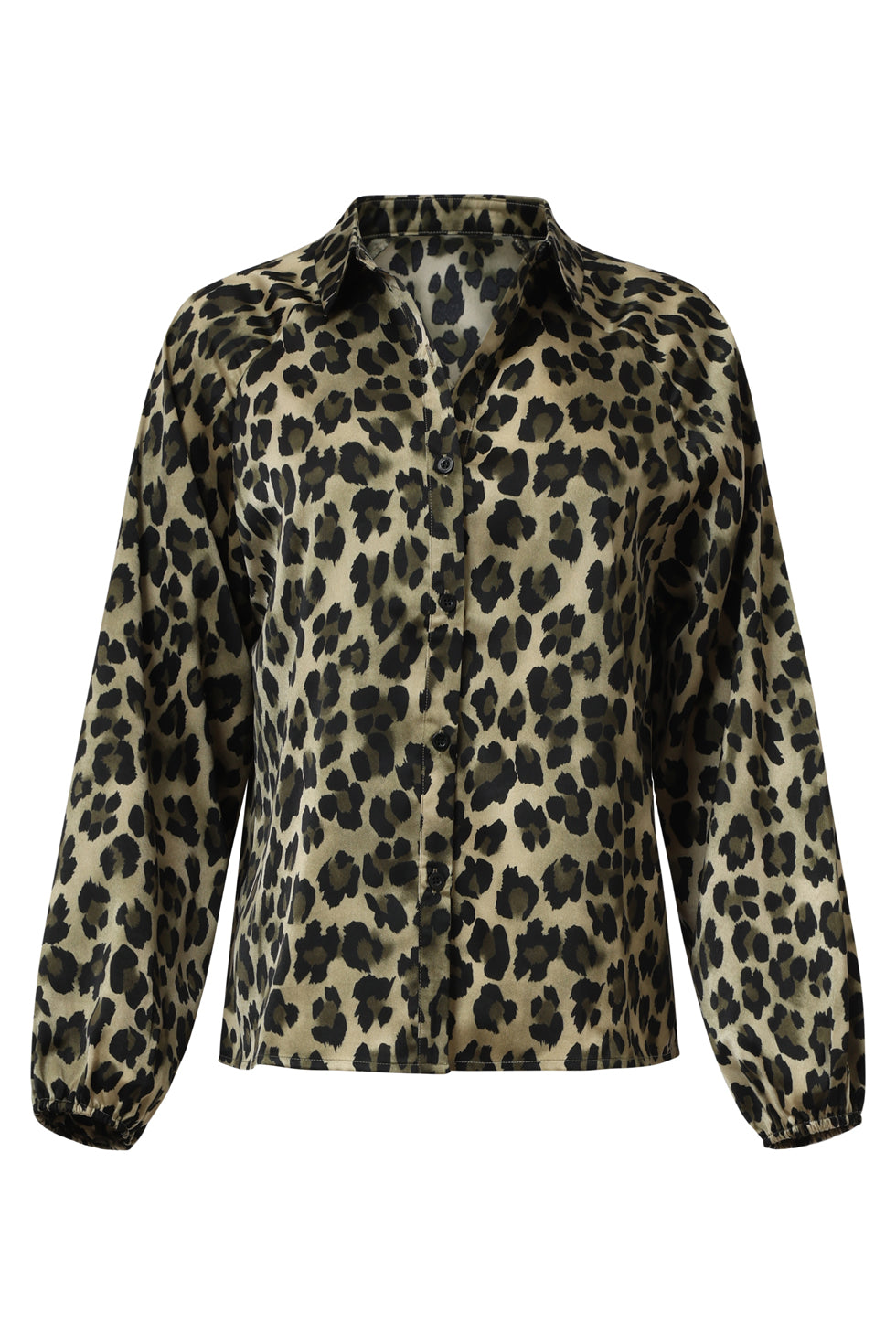 Satijnen Blouse met Luipaardprint en Pofmouwen in Army en Zwart | army-black