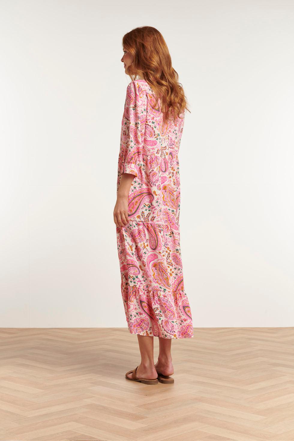 22418 Pink Multi V-Neck Long-Sleeve Maxi Dress