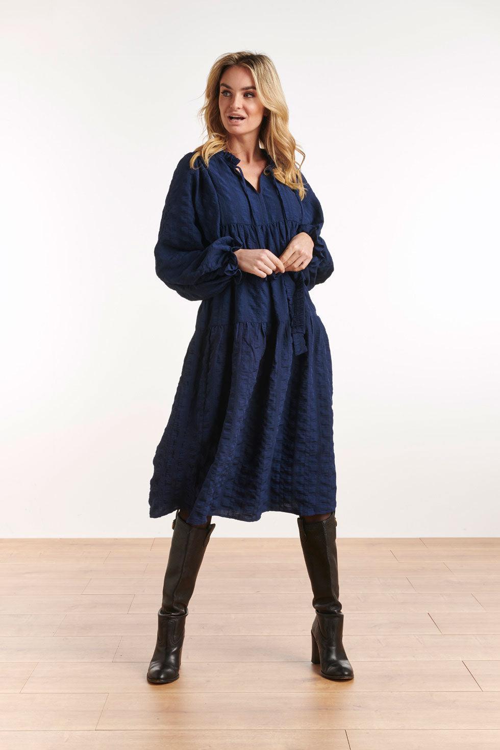 22579 Midi Jurk Boho Pofmouw Blauw