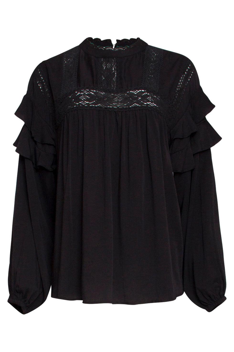 22581 Ruffle Top Lange Mouwen Kanten Details Zwart