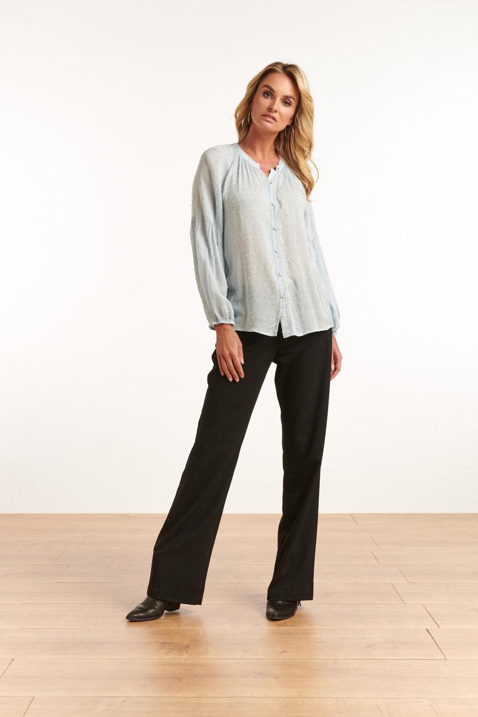 22582 Blouse Pofmouwen Structuur Stof Blauw