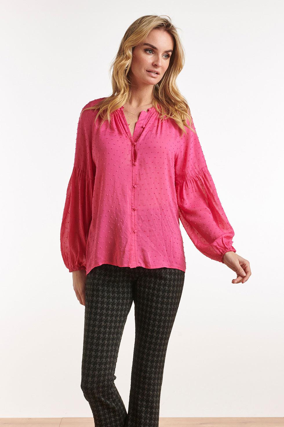 22582 Blouse Pofmouwen Structuur Stof Roze