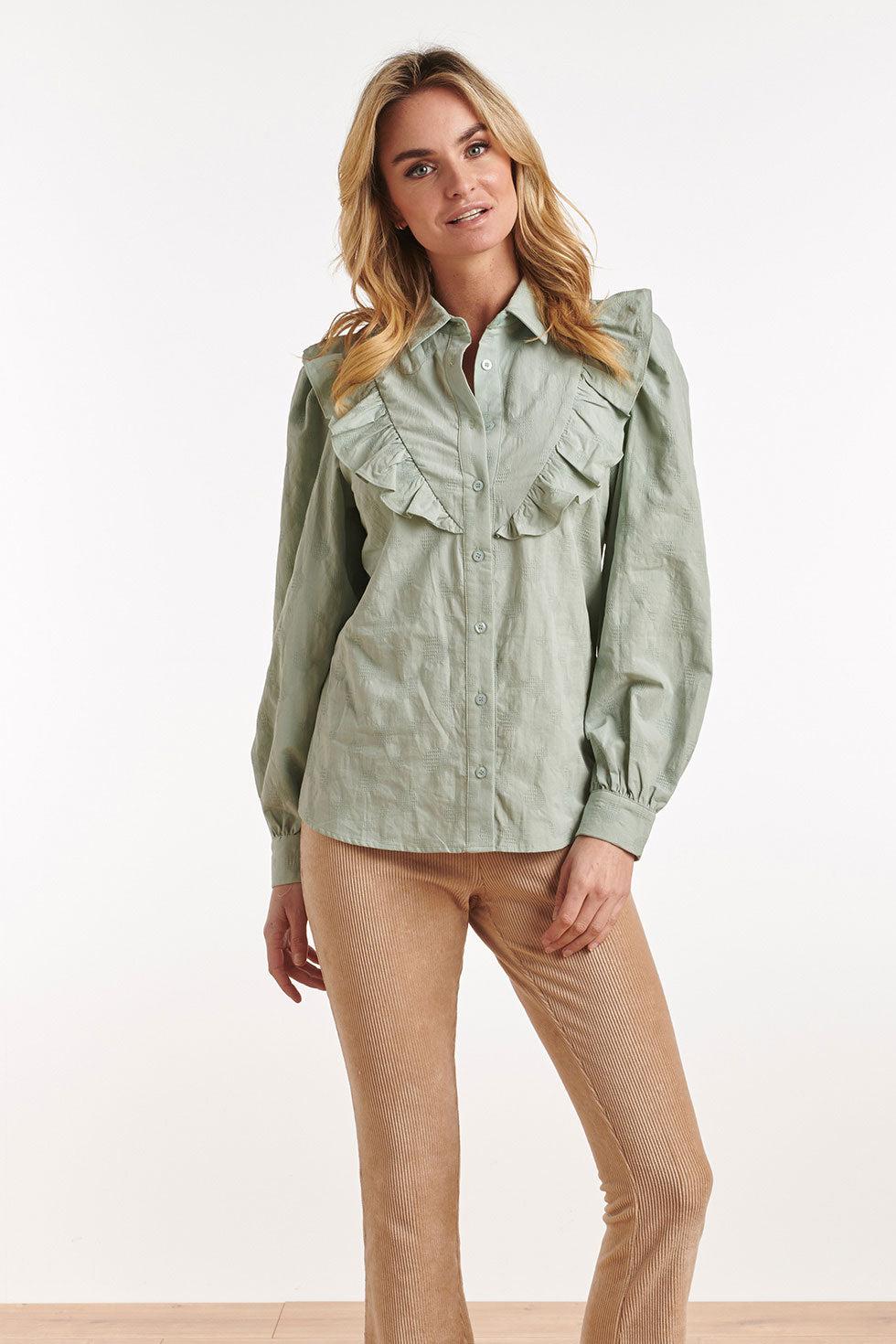 22584 Ruffle Blouse Van Katoen Groen