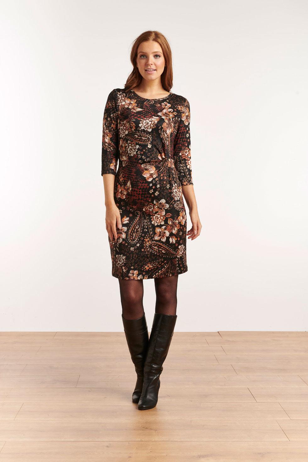 22708 Paisley Print Stretch Jurk Driekwart Mouw