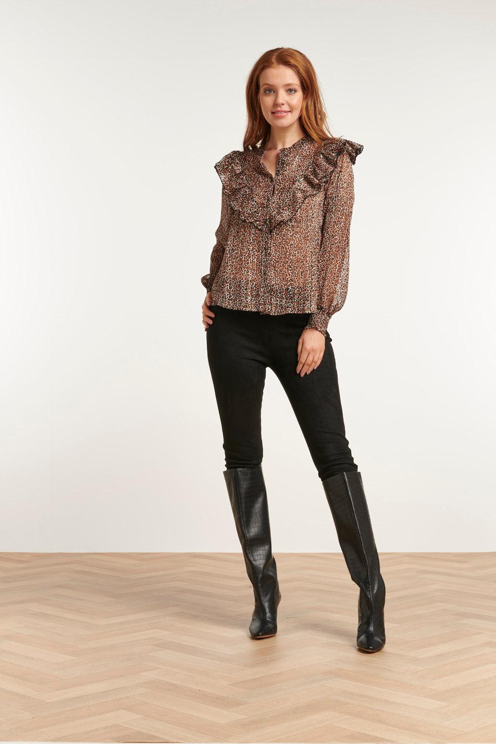 22724 Ruffle Blouse Dierenprint Lurex