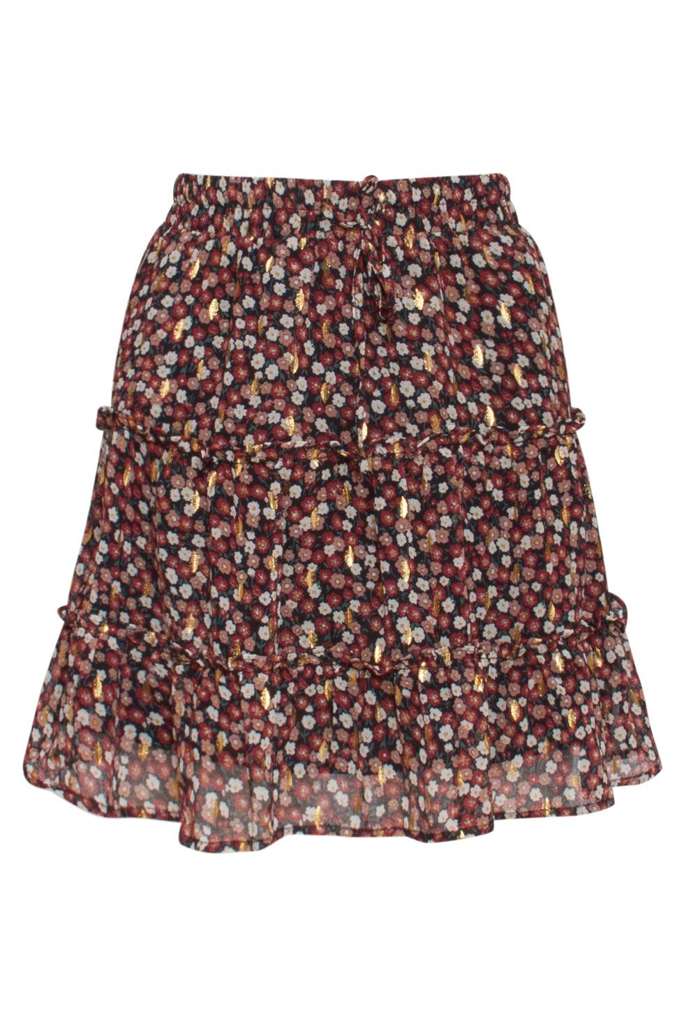 22824 Ruffle Chiffon Rok Met Bloemenprint En Folie