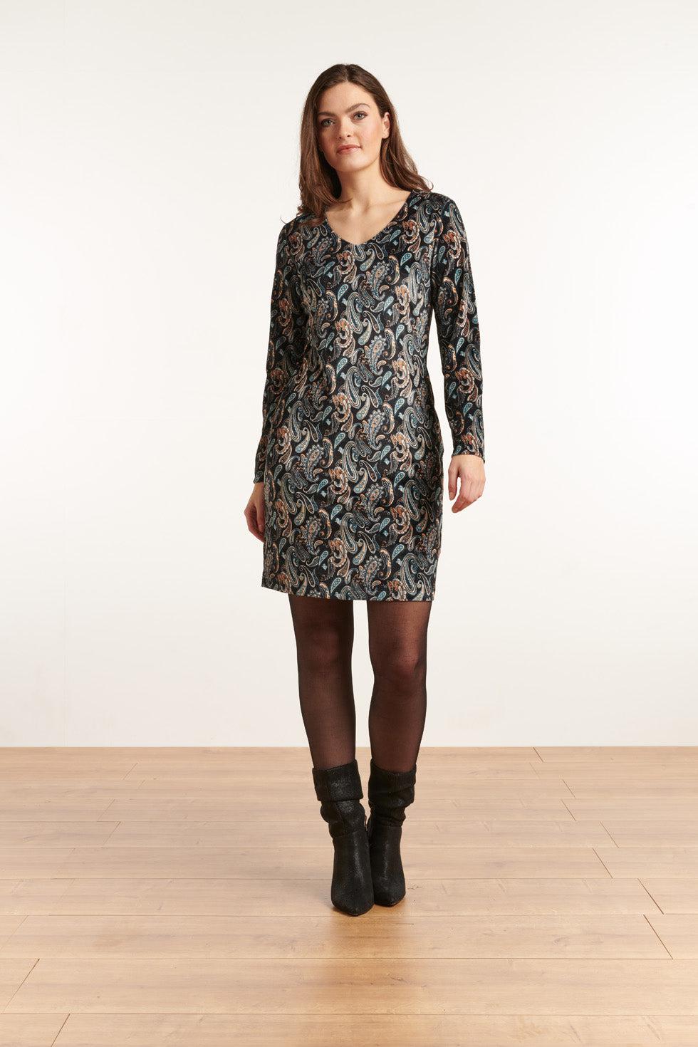 22856 Stretch Jurk Met Fluweel Print