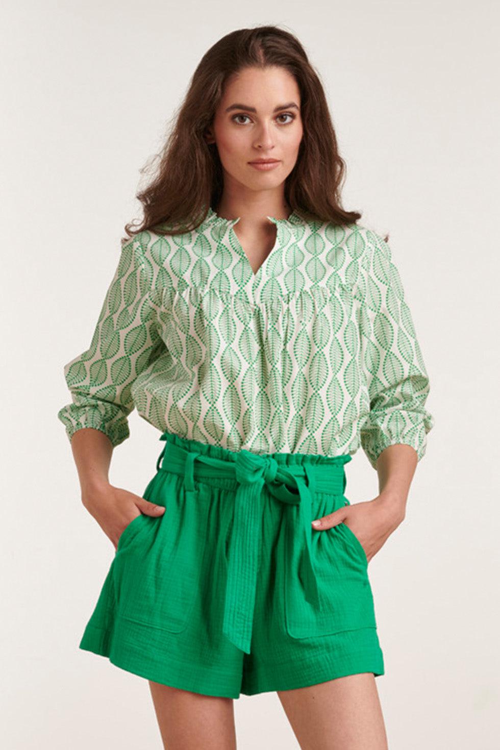 23003 Top Met Ornament Print100% Rayon | White-Green