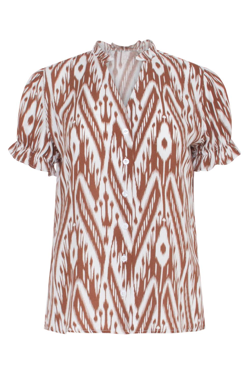 23015 Stijlvolle Losvallende Top Met Aztec-Printv-Hals - / Alianne Top | White-Brown