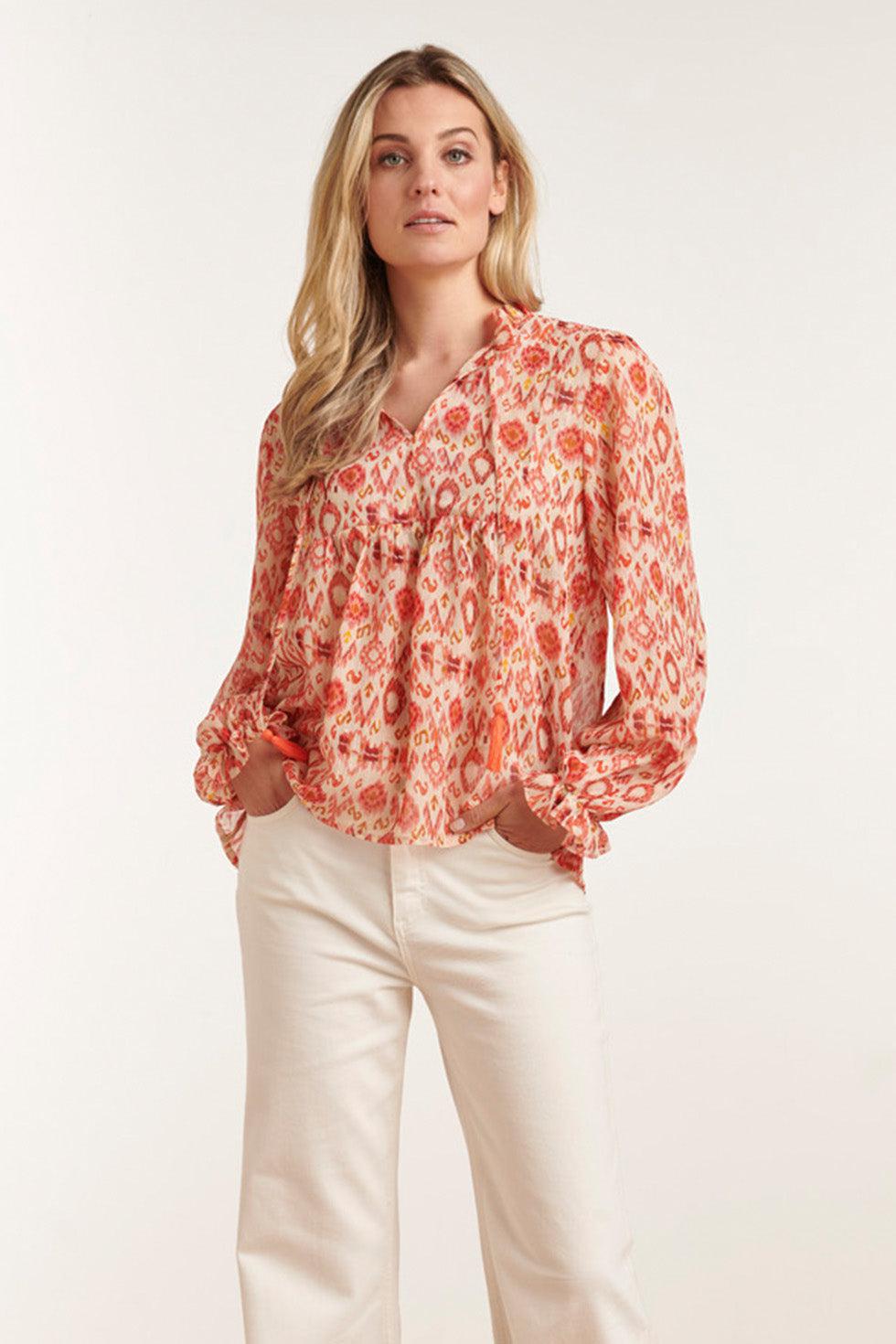 23028 Losvallende Top Met Pofmouwen - Aztec Printbrique | Muticolour