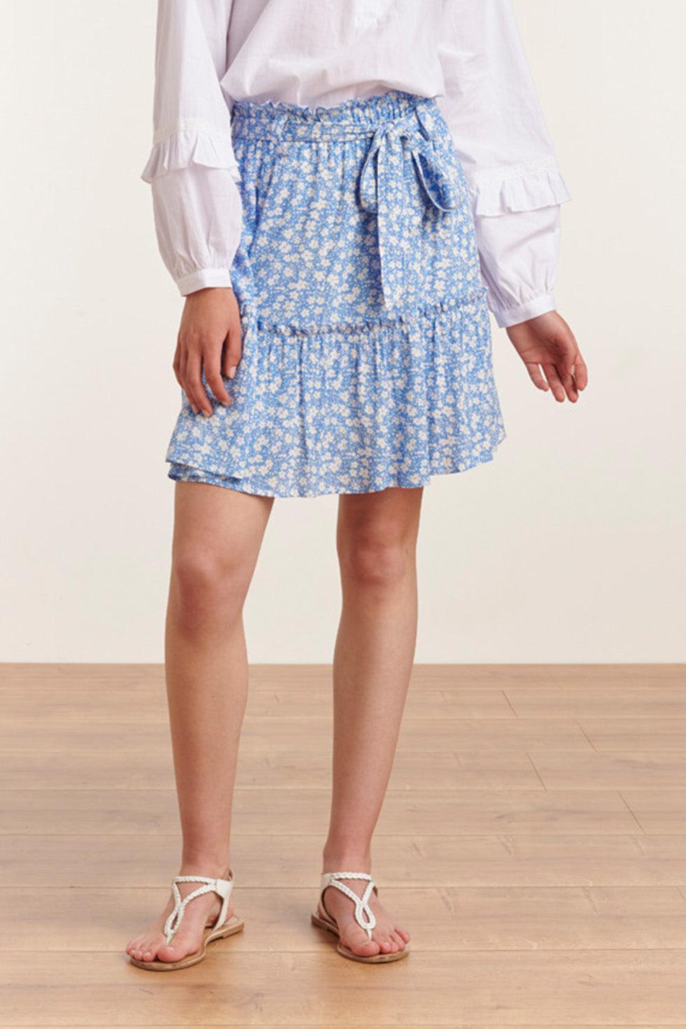 23034 Losvallende Rok Met Ceintuurlicht- Bloemenpatroon | Light Blue-White