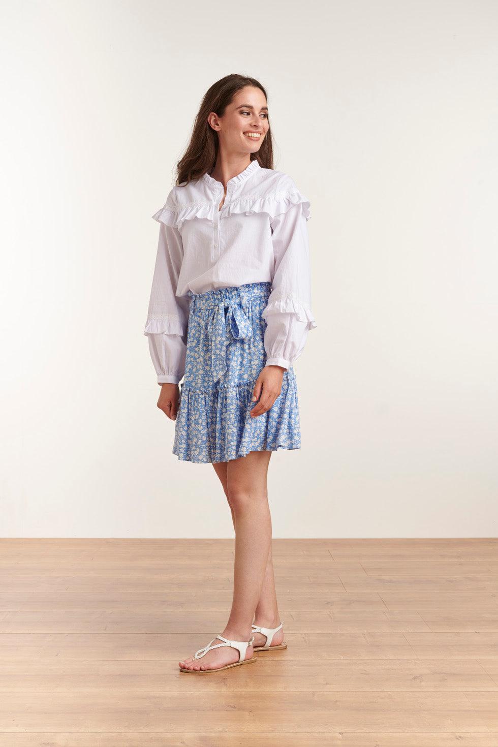23034 Losvallende Rok Met Ceintuurlicht- Bloemenpatroon | Light Blue-White