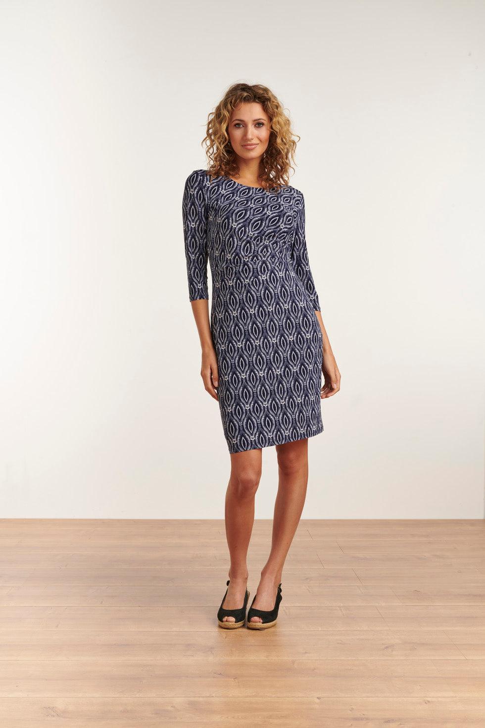23035 Jurk Ornament Printmarine- | Navy-White