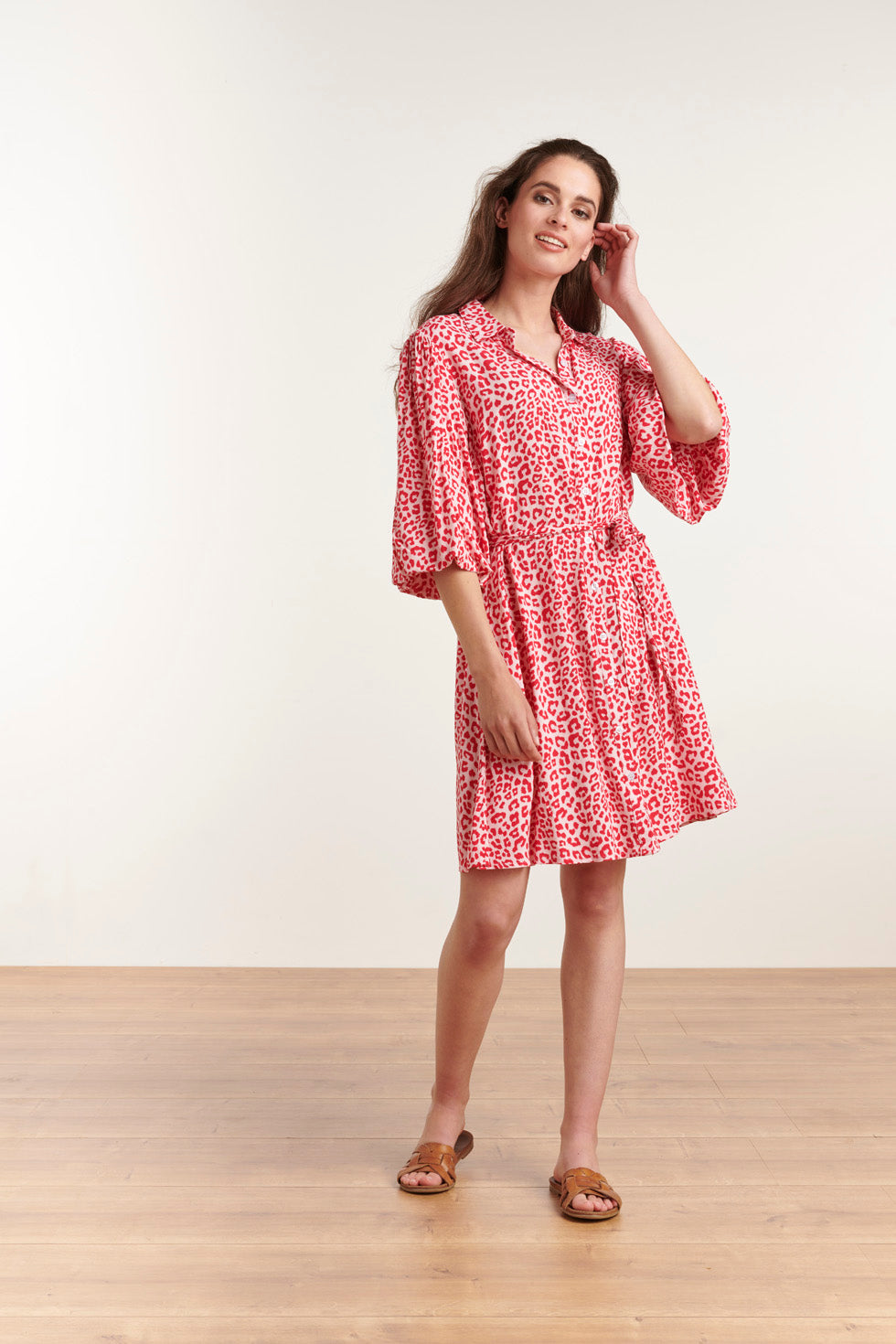 23039 Women'S Stylish Casual Pink Red Collar Shirt Dress | Pink-Red