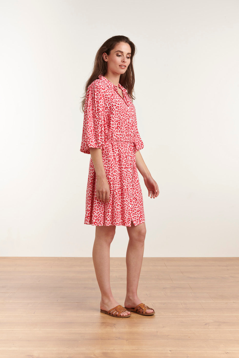 23039 Women'S Stylish Casual Pink Red Collar Shirt Dress | Pink-Red