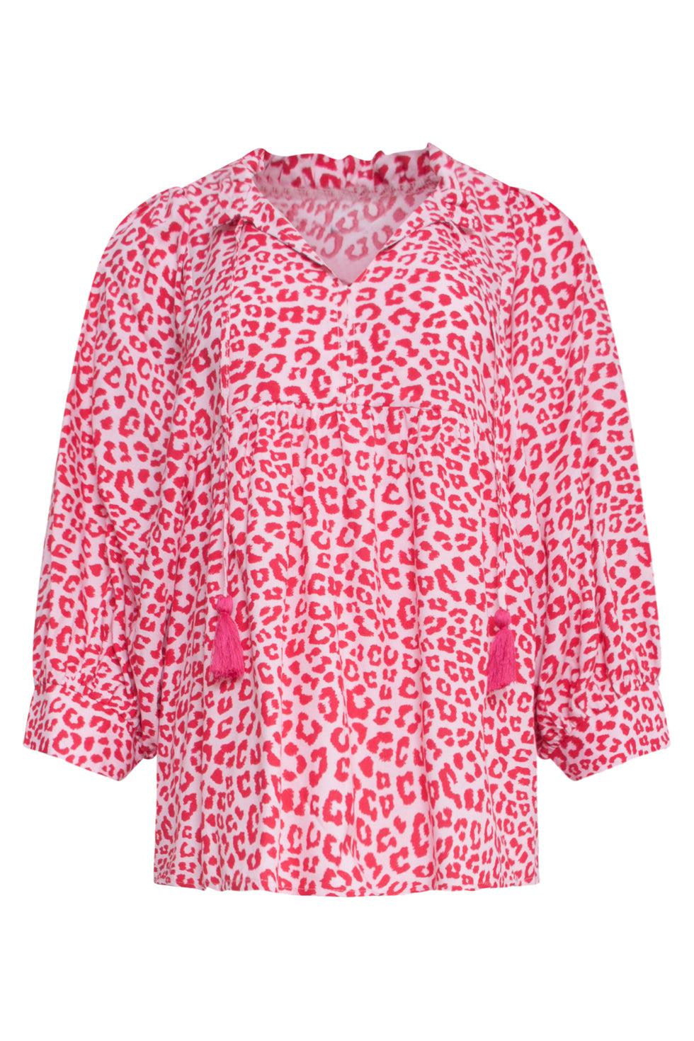 23040 Opvallende Losvallende Top Met Pofmouwendierenprint - 100% Rayon | Pink-Red
