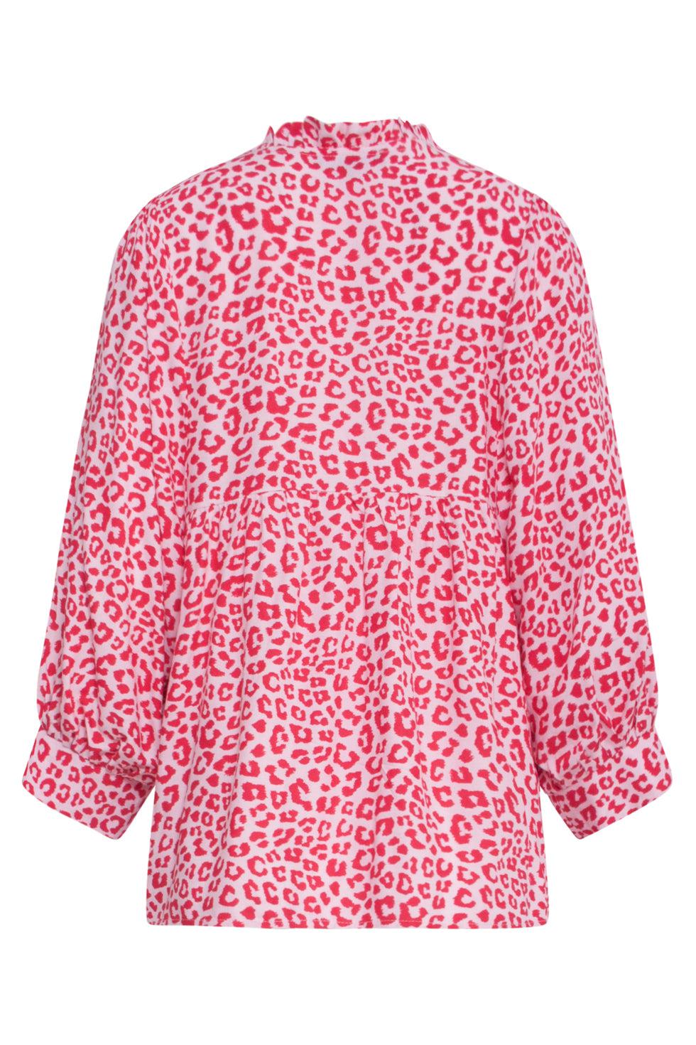 23040 Opvallende Losvallende Top Met Pofmouwendierenprint - 100% Rayon | Pink-Red