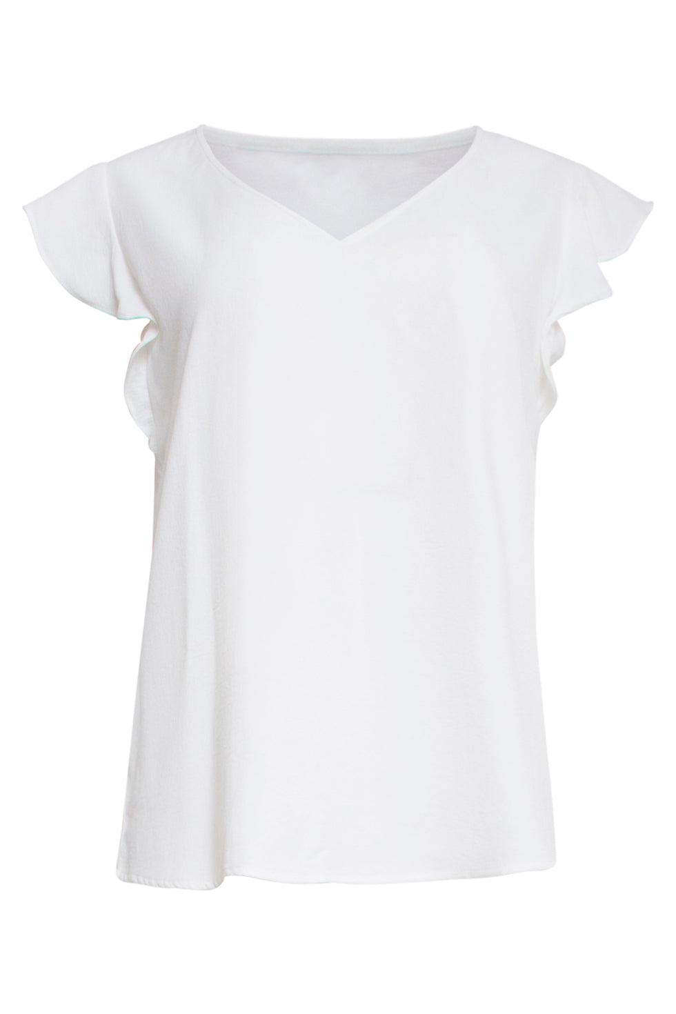23047-000 Vrouwen Zomaar V-Hals Top Met Gerimpelde Mouwen | White