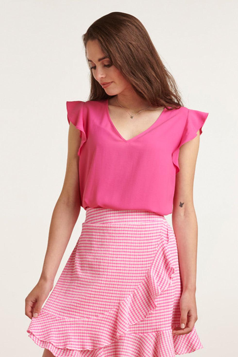 23047-420 Casual Topfuchsia Met Ruffle Mouw | Pink