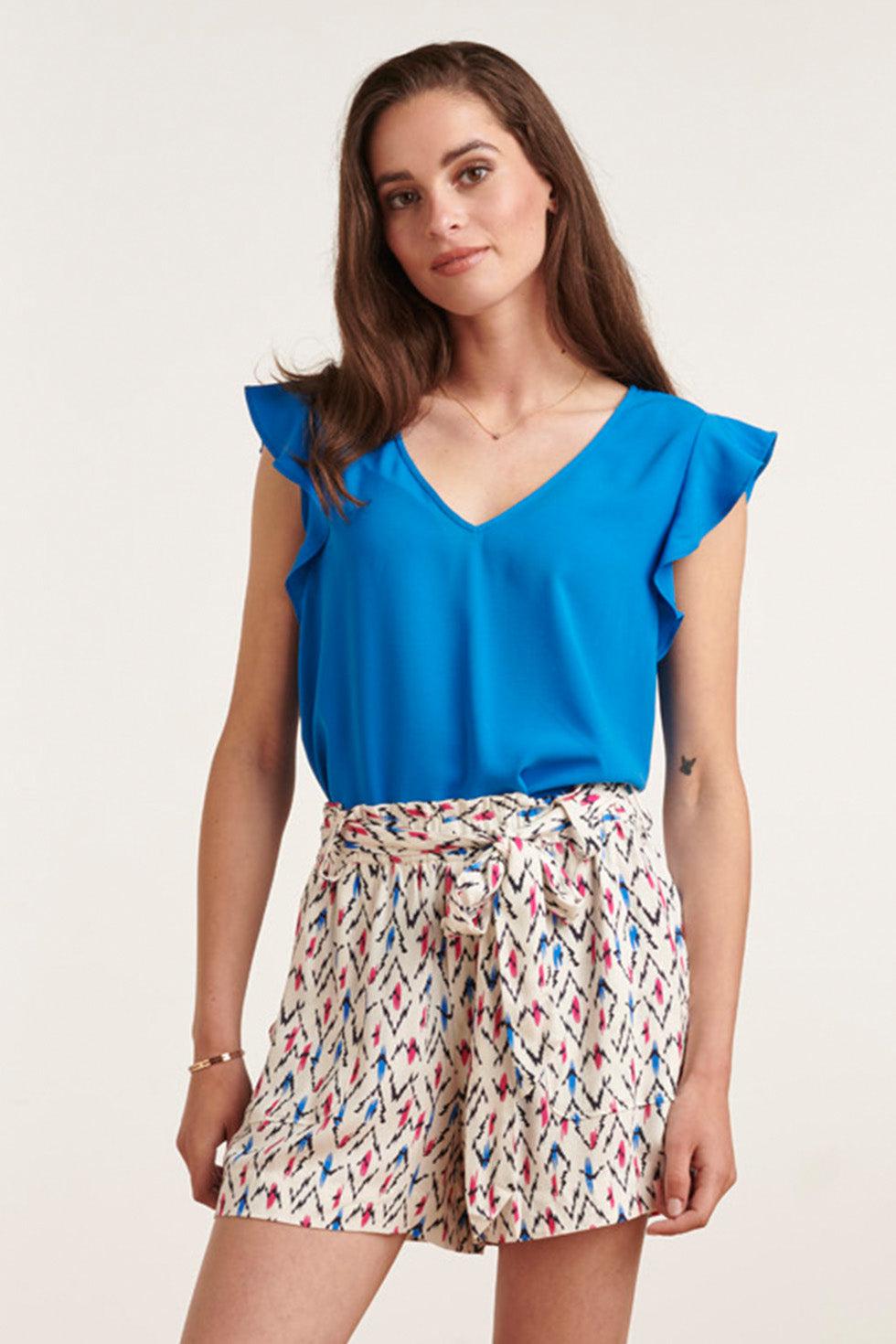 23047-625 Vrouwen V Hals Loszittende Zomer Bloesje | Blue