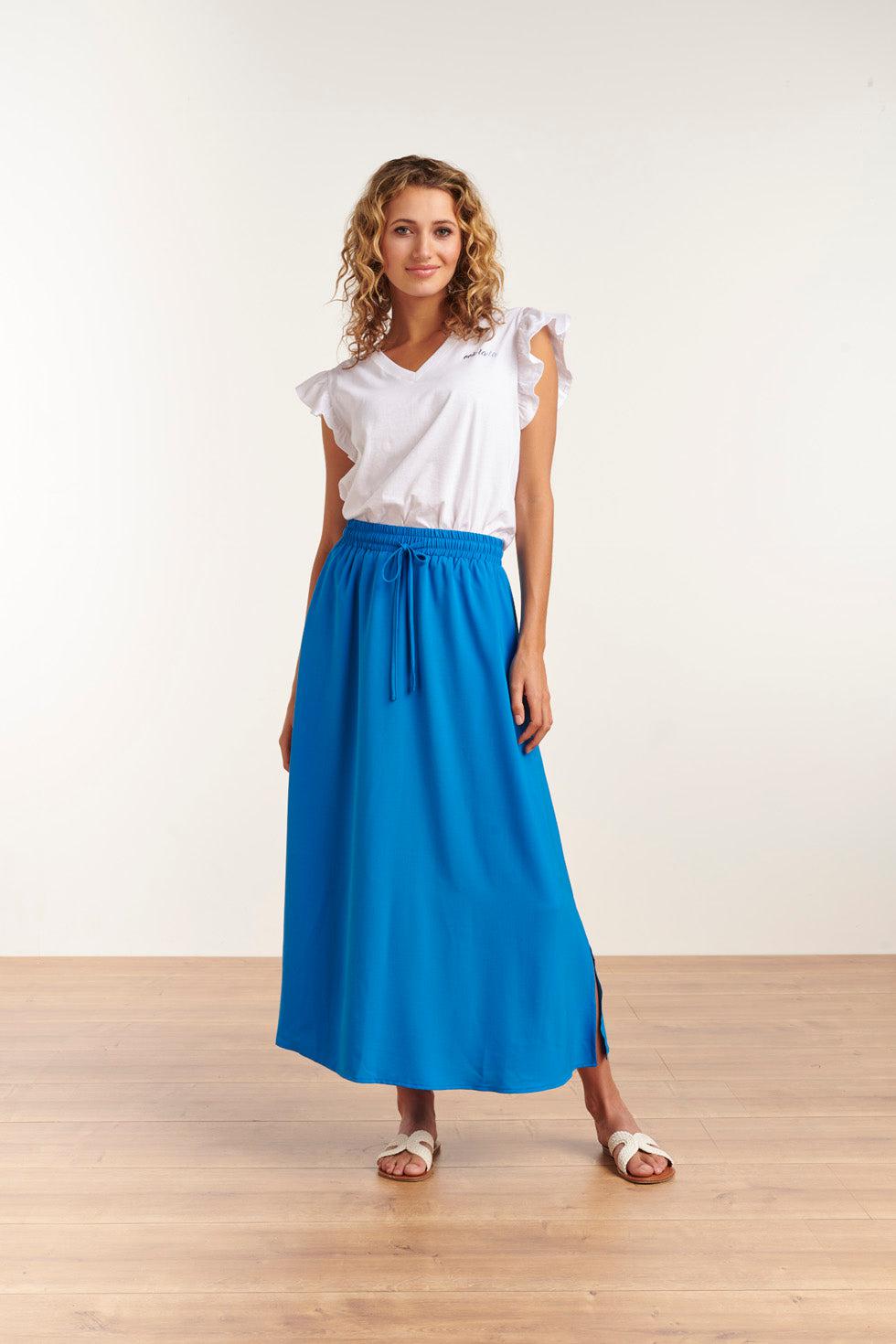 23048-625 Midi Damesrok Met Zijsplit | Blue