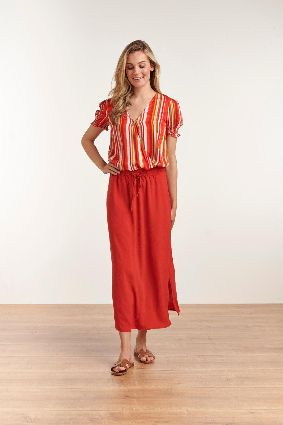 23048-743 Midi Damesrok Met Zijsplit Brique | Brique
