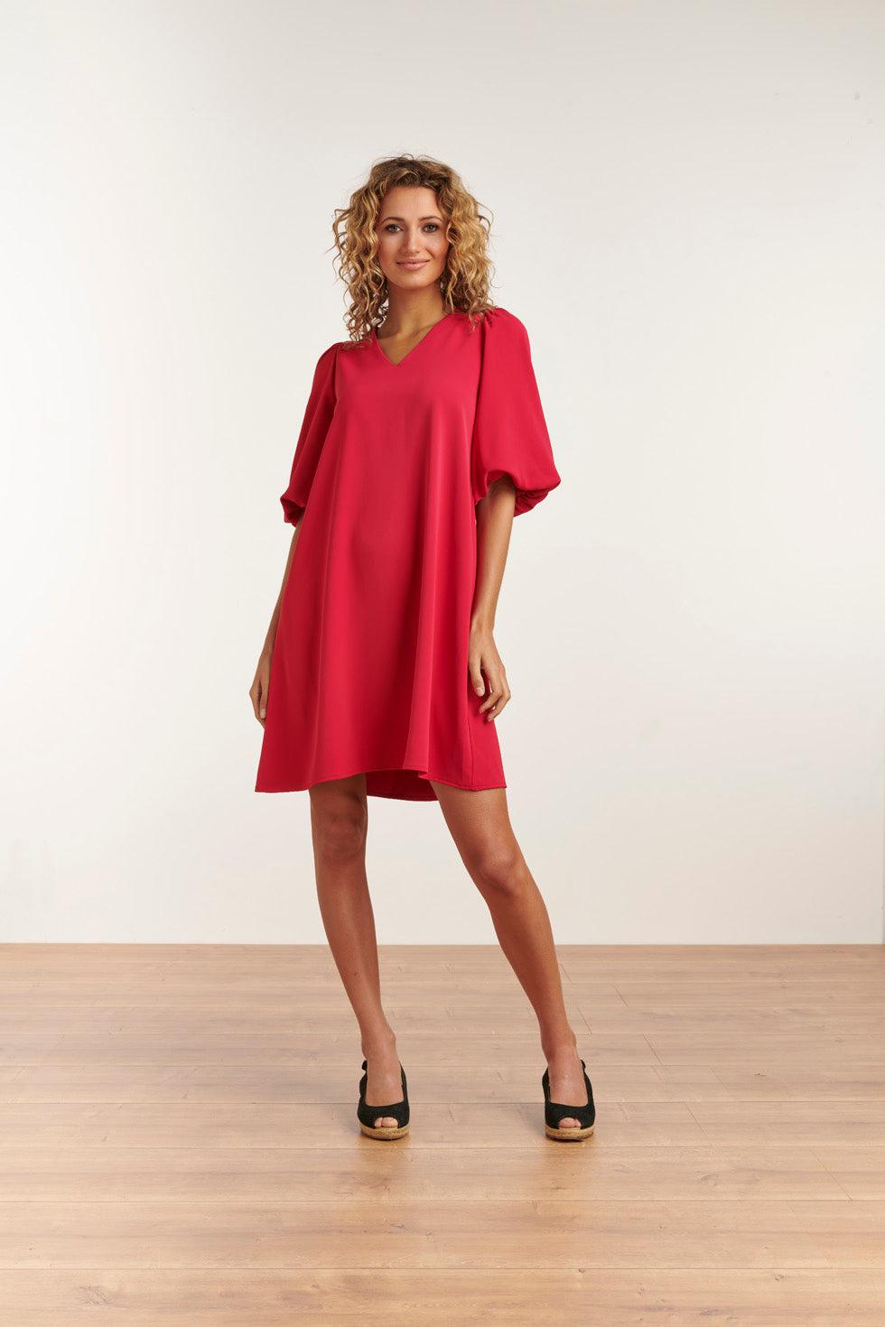 23052-445 Elegante Jurk Met Pofmouwriemuni V-Hals Jurk | Fuchsia