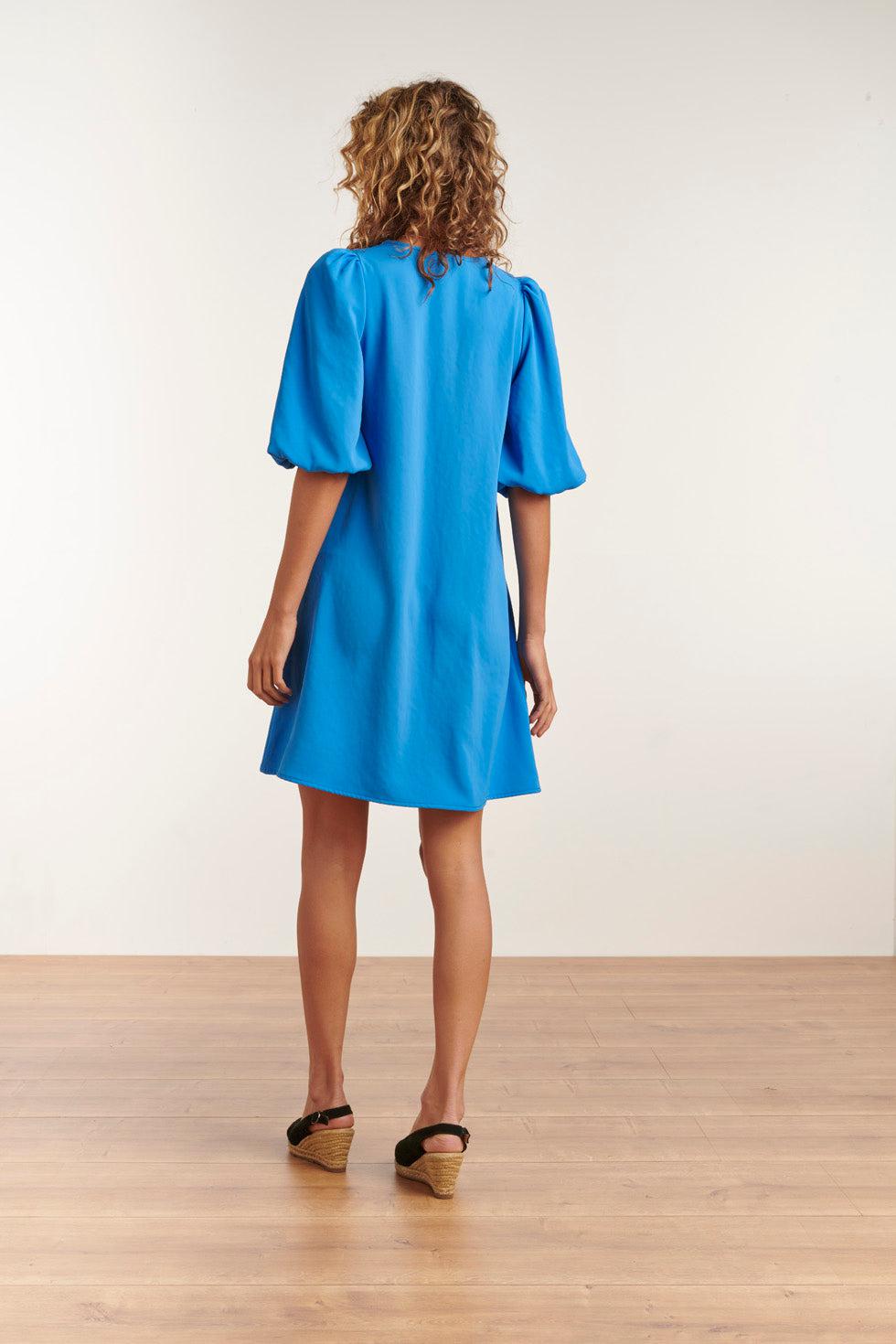 23052-625 Elegante Jurk Met Pofmouwriemuni Mini Jurk | Blue