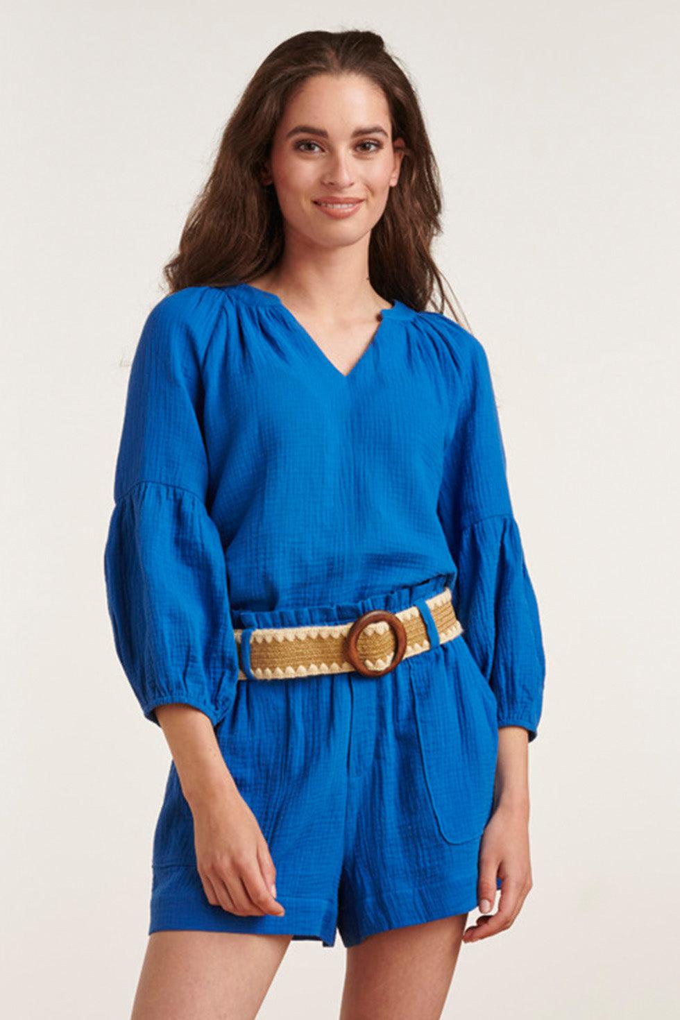 23054-625 Zomer Top Met V-Halsdriekwart Mouwen - 23054 | Blue