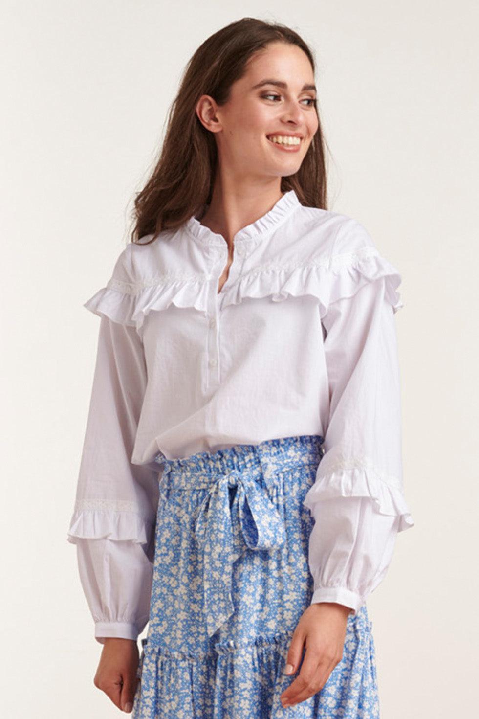 23058-000 Te Top Met Hoge Halslijnpofmouwen | White