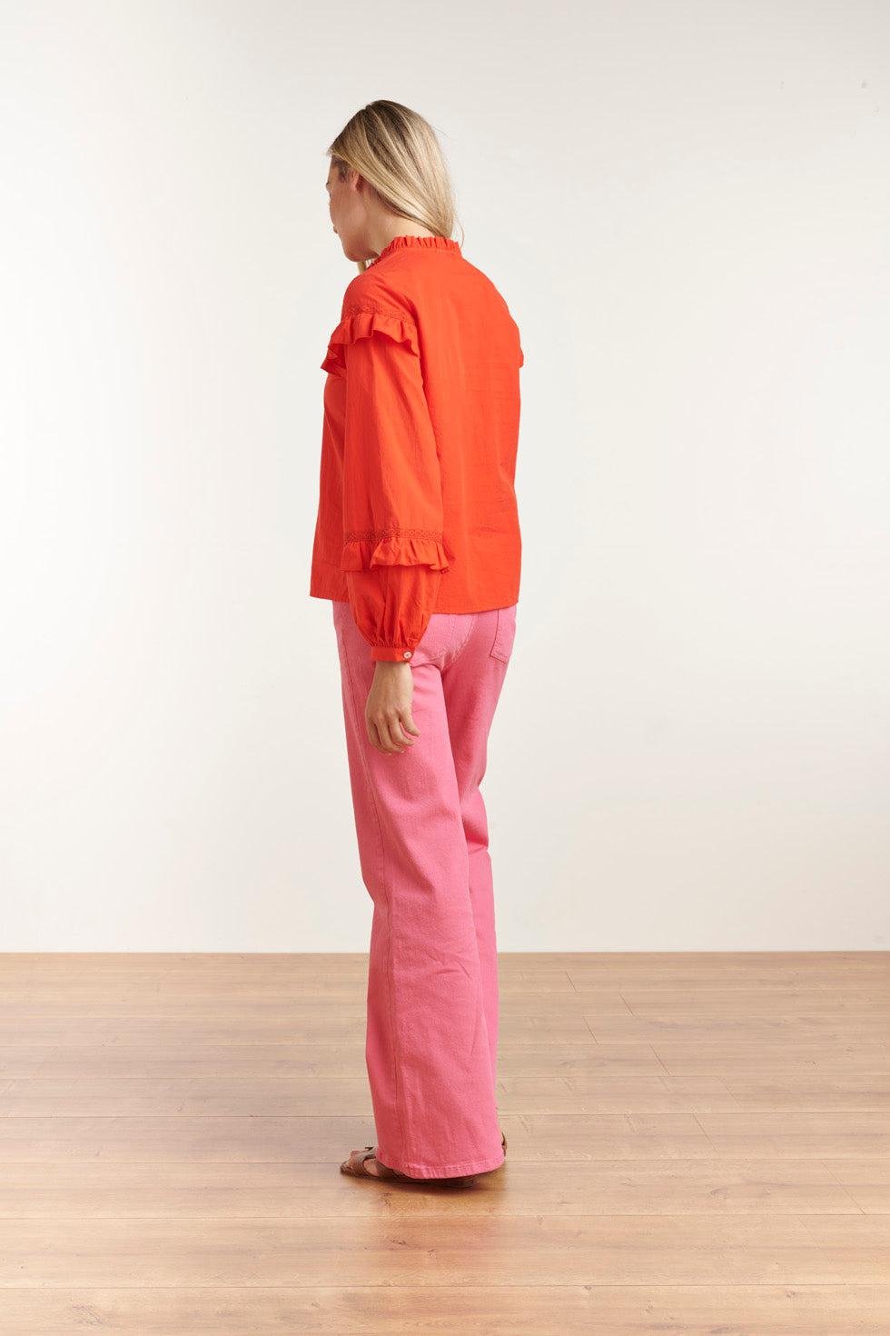 23058-250 Ruffled Trim Top - Met Speelse Ruchescomfortabele Pasvorm | Orange