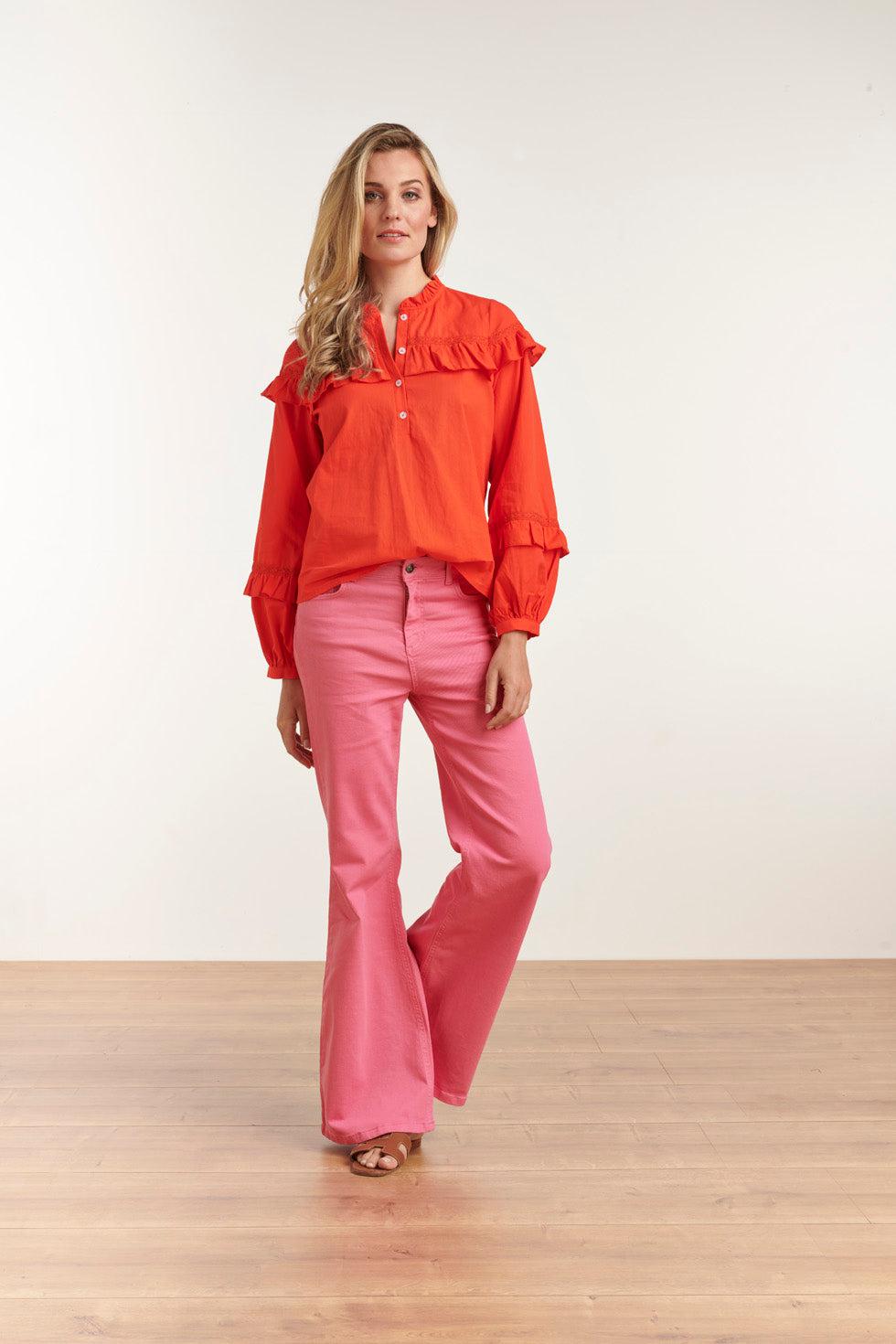 23058-250 Ruffled Trim Top - Met Speelse Ruchescomfortabele Pasvorm | Orange