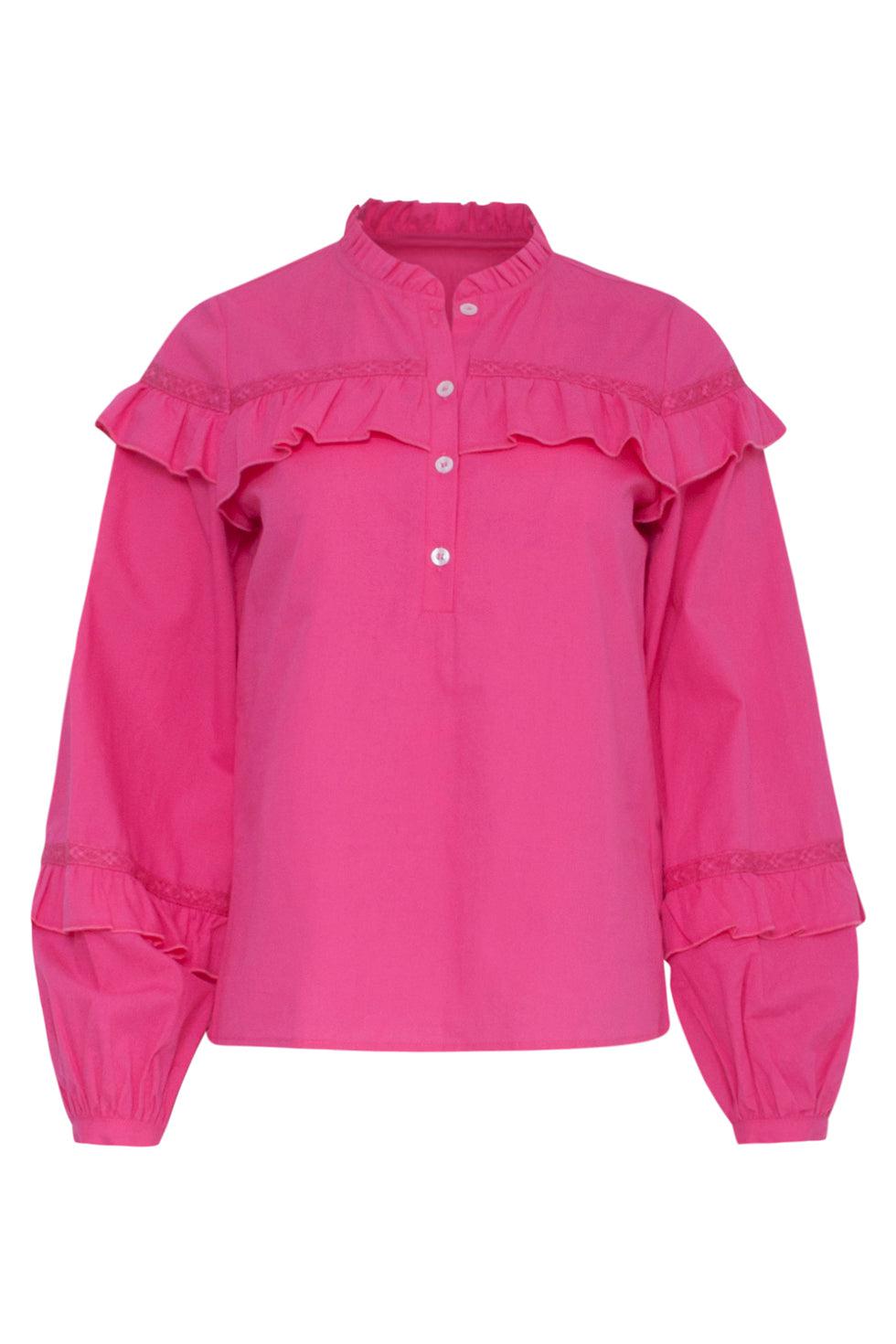 23058-445 Fuchsia Ruffle Top Met Hoge Kraagpofmouwen | Pink