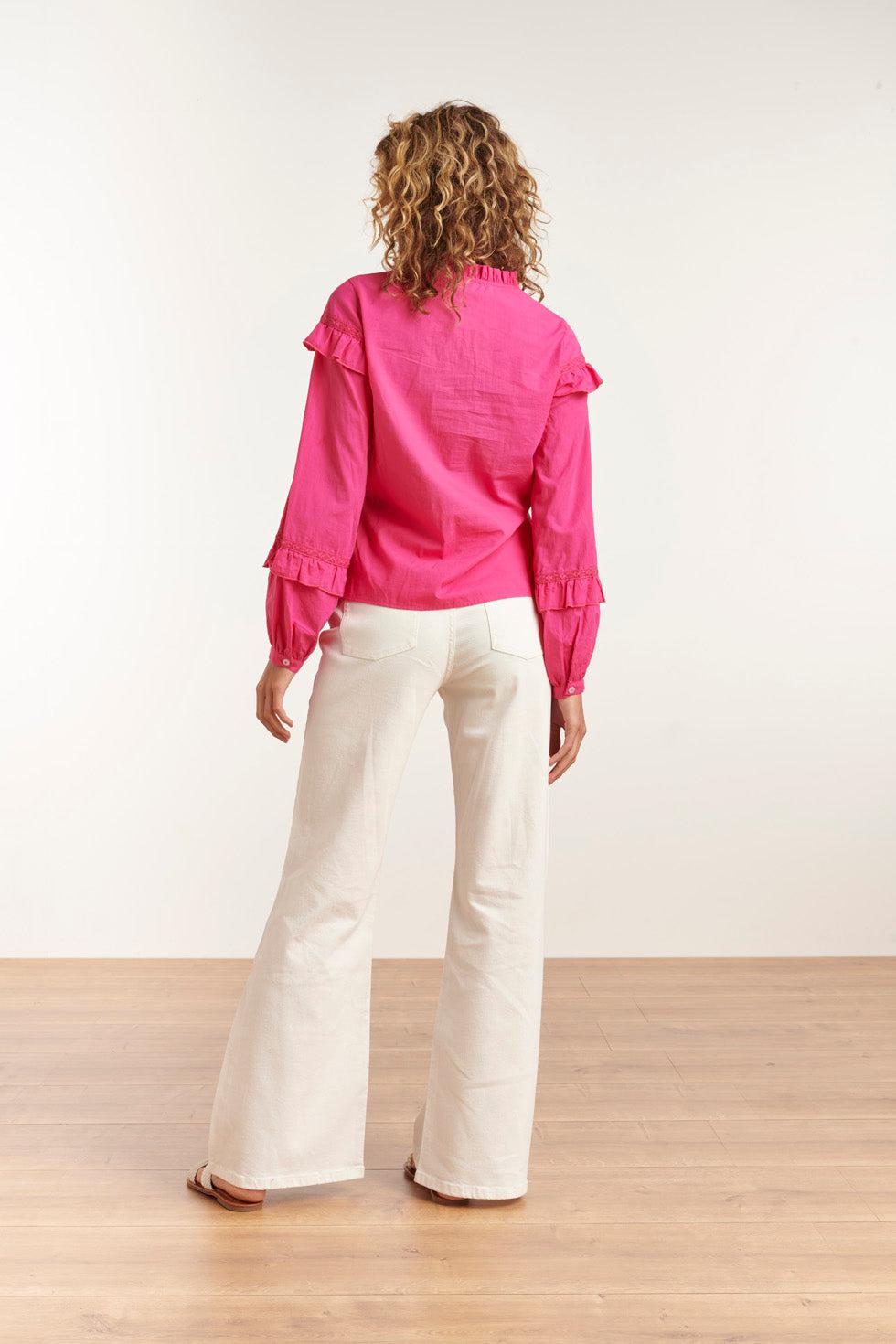 23058-445 Fuchsia Ruffle Top Met Hoge Kraagpofmouwen | Pink