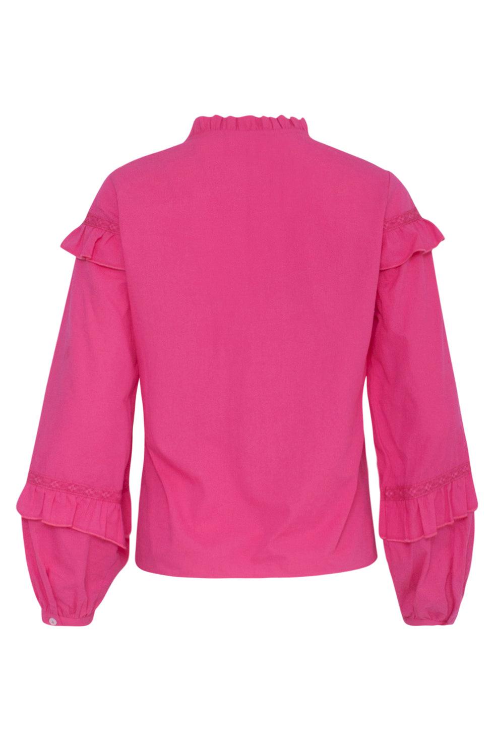 23058-445 Fuchsia Ruffle Top Met Hoge Kraagpofmouwen | Pink