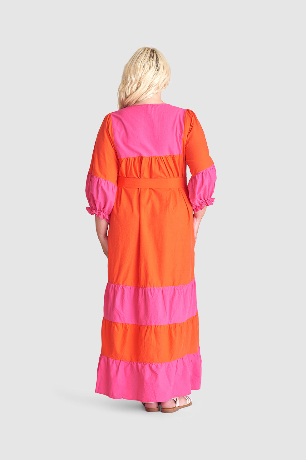 23059 Katoenen Color Block Jurktrendy Fuchsia Voor De Lente/Zomer | Orange-Fuchsia